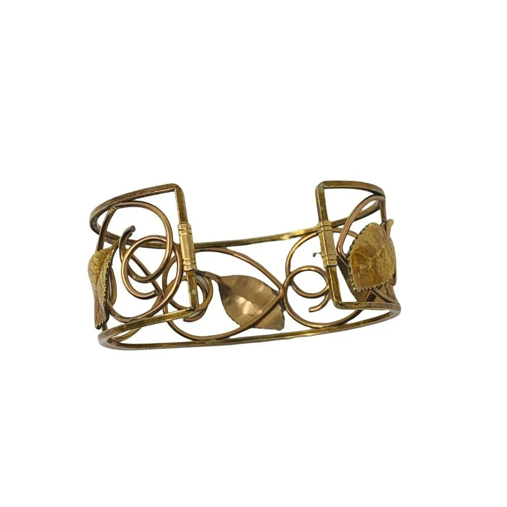 Vintage Cuff Bracelet Krementz Gold Tone Leaf Scroll Open Bangle